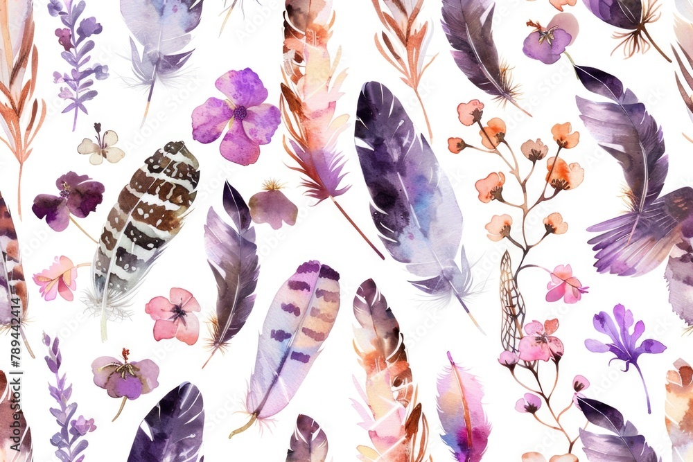 Poster colorful feathers and delicate flowers painted on a white background. suitable for various design pr