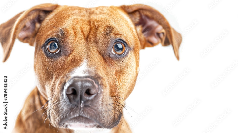 Poster close-up of a dog's face on a plain white background. ideal for pet-related projects