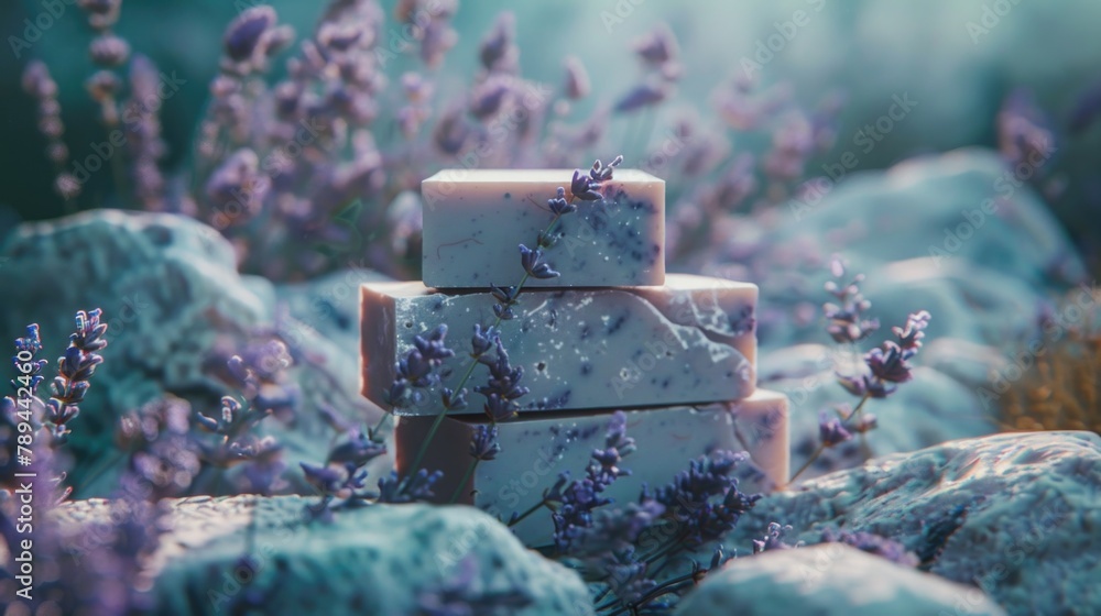 Aufkleber a stack of soap bars on top of a pile of rocks. suitable for hygiene and nature concepts