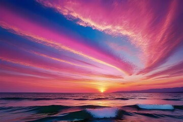 Fototapeta premium Scenic Romantic Crimson Violet Sunset Over Ocean Waves
