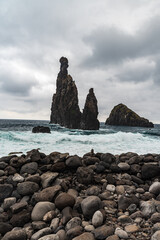 Atlantic Ocean coastline with few small rocky isles near Ribeira da Janela in Madeira