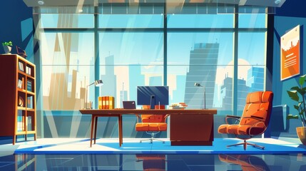 Detailed modern illustration of bank office interior with big window. Cityscape view in window, computer desk, clients' chairs and couches, cash desk behind glass wall, folders on shelf. - obrazy, fototapety, plakaty
