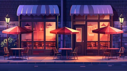 In the early evening, a city cafe with tables and chairs on the sidewalk. Modern cartoon illustration of dark urban street, outdoor restaurant furniture under parasols, silhouettes of people in