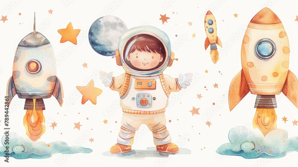 Poster a child in a space suit standing next to a rocket. ideal for educational materials or science-themed