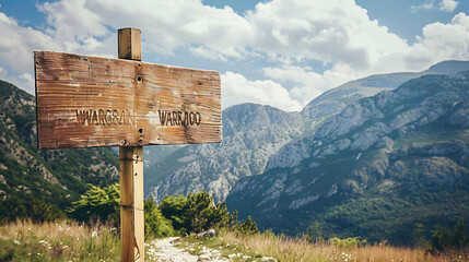 Isolated Wooden Sign Post On Village Road with mountains in the background