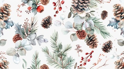 A pattern of pine cones, leaves, and berries. Suitable for winter and holiday themes - obrazy, fototapety, plakaty