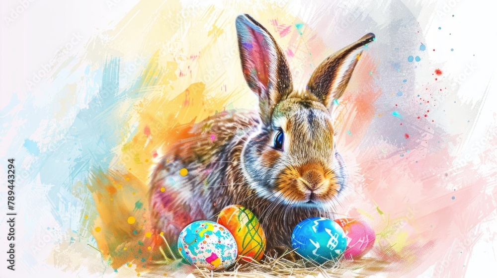 Wall mural A painting of a rabbit surrounded by colorful Easter eggs. Perfect for Easter-themed designs