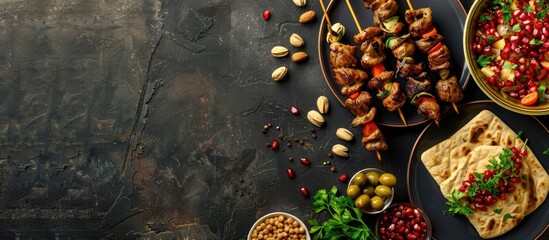 Lebanese and Middle Eastern cuisine at dinner table. Grilled meat skewers, chickpea dip, parsley...