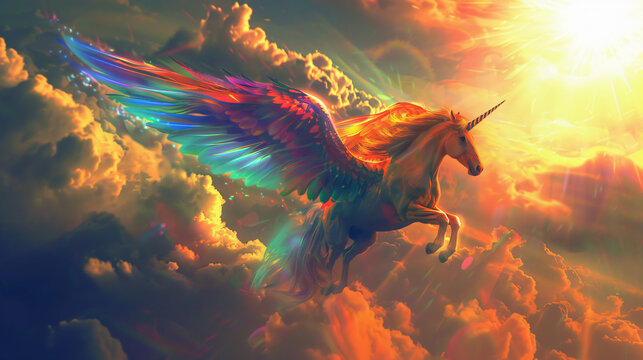 A unicorn with wings flying through the sky.