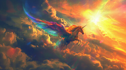 Mythical unicorn with rainbow wings soars in the sunny sky. - obrazy, fototapety, plakaty