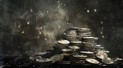 Opulent Silver Coin Pile Atop Financial Data Backdrop with Surreal Elements Generative ai - obrazy, fototapety, plakaty
