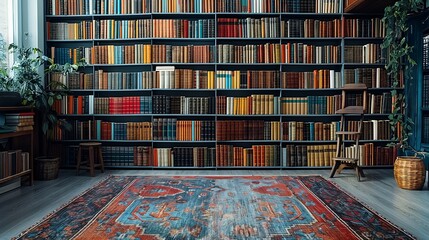 A modern home office featuring a minimalist bookshelf that is densely packed with contemporary literature and technical books.