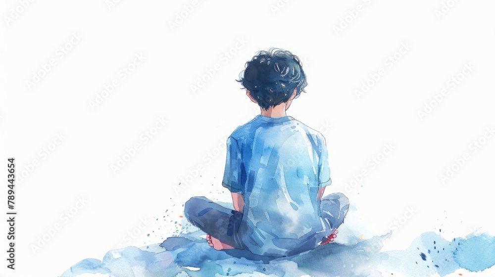 Poster a painting of a boy sitting on a cloud. suitable for dreamy or imaginative concepts
