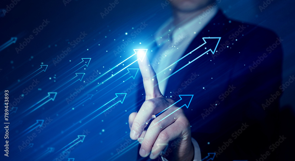 Poster trader analyzing data on virtual screen.price graph and indicator. stock market invest and crypto cu
