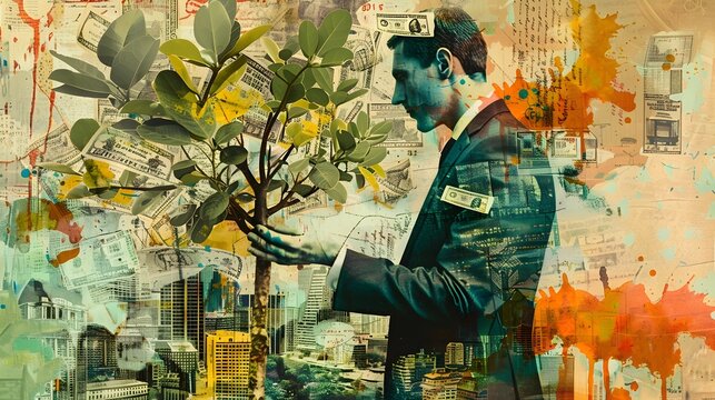 Conceptual Collage of a Businessperson Harnessing the Power of Money Growth Depicting a Suit Wearing Figure Nurturing a Money Tree Amidst Fragmented Generative ai