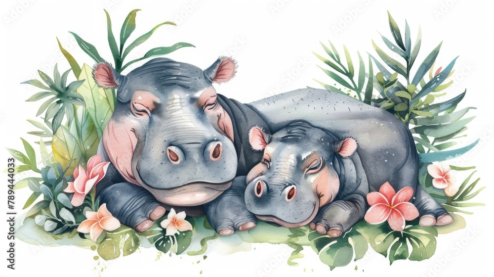 Poster a peaceful image of two hippos resting side by side. ideal for nature and wildlife themes