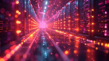 Naklejka premium A sleek, modern interface showing data streaming seamlessly between devices and servers, represented by flowing lines and geometric shapes.