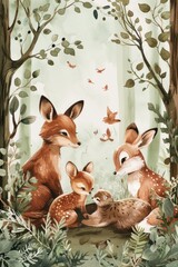 Naklejka premium A beautiful painting of a family of foxes in the woods. Perfect for nature and wildlife designs