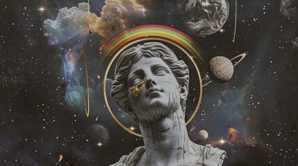 dark, gold,A white marble statue of the Greek god, with his head raised and a rainbow halo around it - obrazy, fototapety, plakaty