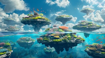 Dreamy Seascape: Floating Coral Islands Form a Magical Underwater World Above the Surface - obrazy, fototapety, plakaty