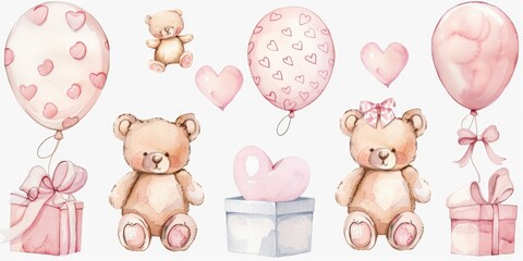 Watercolor illustrations of bears and balloons, perfect for children's books or greeting cards