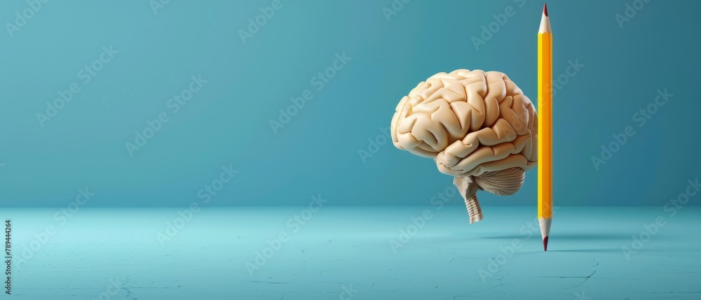 Poster 3d rendering of a pencil with brain on blue background. creative concept. minimal concept.