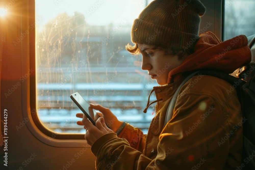 Poster a boy focused on his cell phone while riding a train. suitable for technology and transportation con