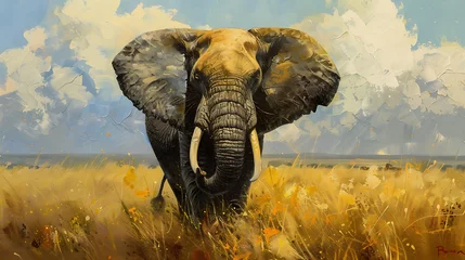 Foto op Canvas Oil painting elephant wallpaper the symbol of power and power of greatness. © DrPhatPhaw