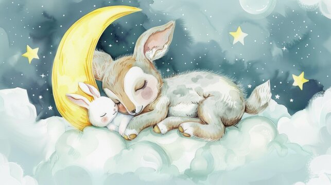 A sweet image of a baby deer peacefully sleeping on a fluffy cloud. Perfect for nursery decor or children's book illustrations
