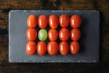 A line of cherry tomatoes, a staple food in cuisine, includes a green tomato among the ripe fruits....