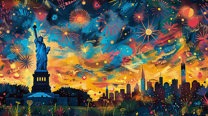 artistic colorful and vibrant illustration of 4th of july celebration in NY, statue of liberty, fireworks, painting style - obrazy, fototapety, plakaty
