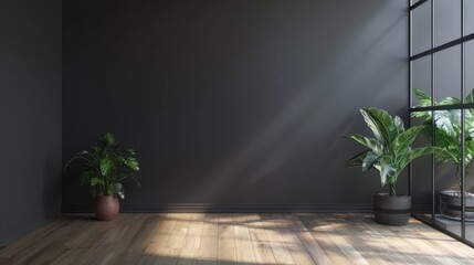 An interior room with a minimalist black empty wall, warm wood floor parquet, lush green plants, and a large window