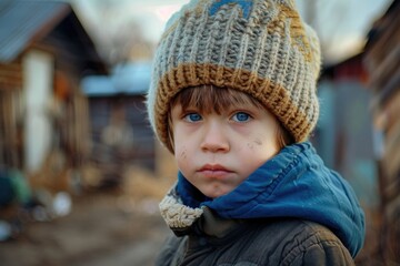 A young boy wearing a knitted hat and jacket, perfect for winter fashion concepts