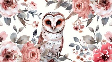 Owl perched on a branch with flowers around, suitable for nature themes