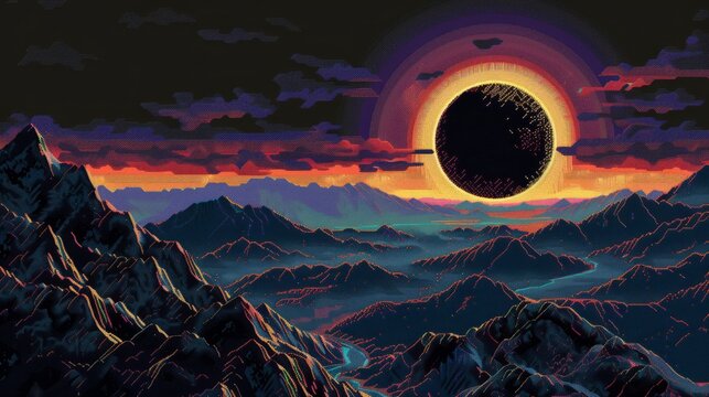 solar eclipse over appalachian landscape, lovecraftian, worrying bizarreness, paranoia