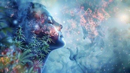 Relaxation and Wellness Personified: A Therapeutic Halo of CBD Molecules Surrounding a Content Individual