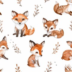 Obraz premium A seamless pattern featuring a fox and other animals. Ideal for use in fabric design or children's illustrations
