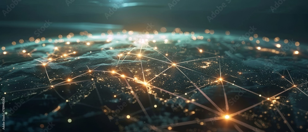 Poster 3d rendering of global network technology powered by glow.