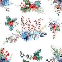 Watercolor Christmas pattern with holly leaves and berries. Suitable for holiday designs
