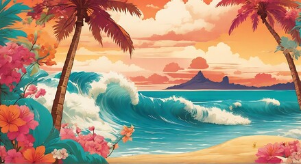 made with AI Genetive, summer illustration on the beach, summer background