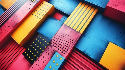 A vibrant display of bold geometric patterns featuring sharp angles and a spectrum of colors.