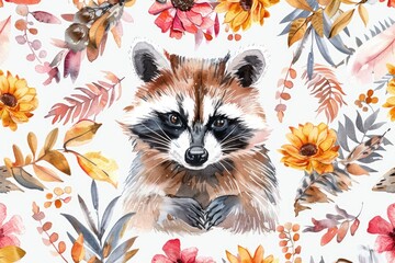 A painting of a raccoon surrounded by colorful flowers. Perfect for nature and wildlife themes - obrazy, fototapety, plakaty