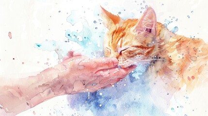A watercolor painting of a cat licking a person's hand. Suitable for pet lovers and animal care concepts - obrazy, fototapety, plakaty