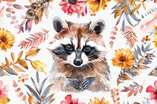 A painting of a raccoon surrounded by colorful flowers. Perfect for nature and wildlife themes