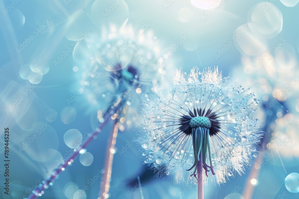 Poster close-up of a dandelion with water droplets, suitable for nature and macro photography projects
