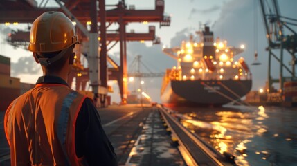 A male worker with a helmet on his back looks at a large container warehouse ship leaving the warehouse pier with a large crane. - obrazy, fototapety, plakaty