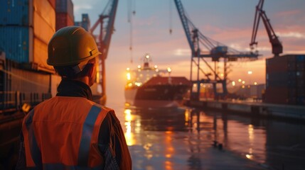 A male worker with a helmet on his back looks at a large container warehouse ship leaving the warehouse pier with a large crane. - obrazy, fototapety, plakaty