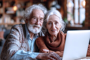 Caucasian grandparents sitting on table looking laptop, communicate online
