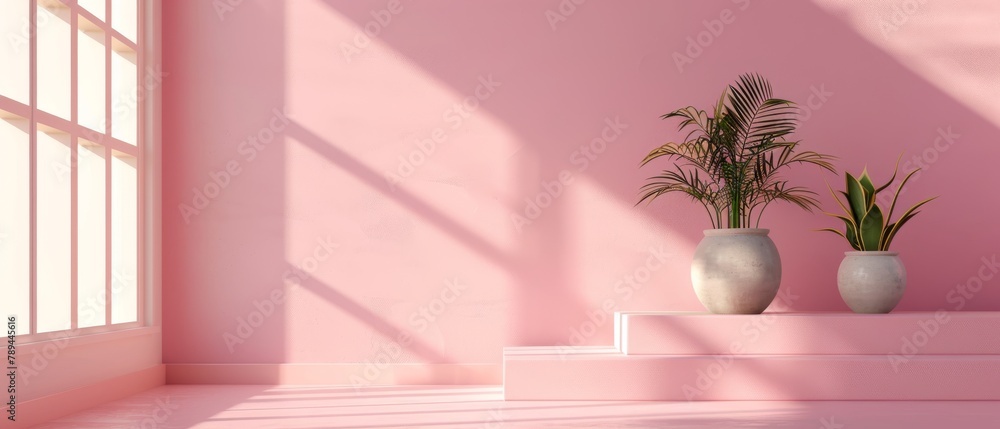 Poster the scene is designed with a minimal style, on a pink background. the rendering is in 3d