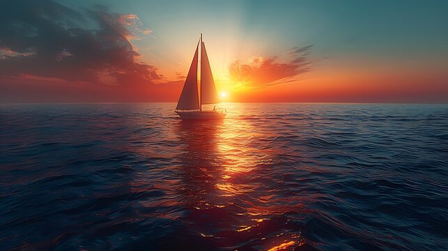 A wide-angle view of the ocean as dawn breaks, featuring a lone sailboat on the horizon.